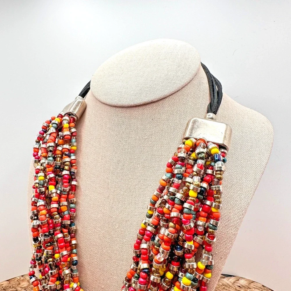 Vintage Artisan 14-Strand Boho Necklace Multicolor Glass Bead Layered Tribal Bib